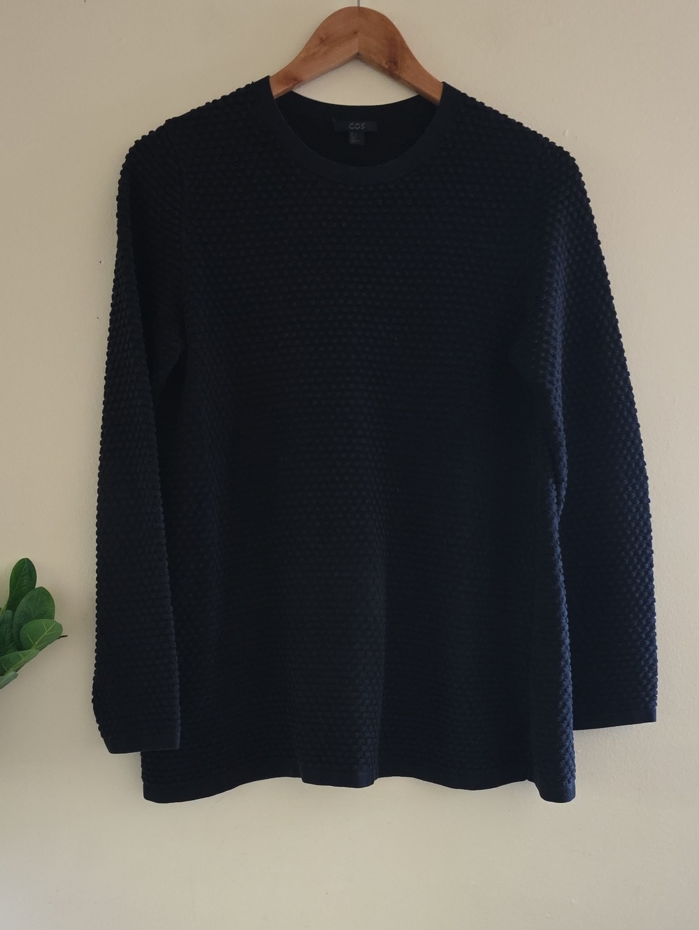COS Waffle Stitch Dot Textured Cotton Womens Crewneck Sweater - Black - S